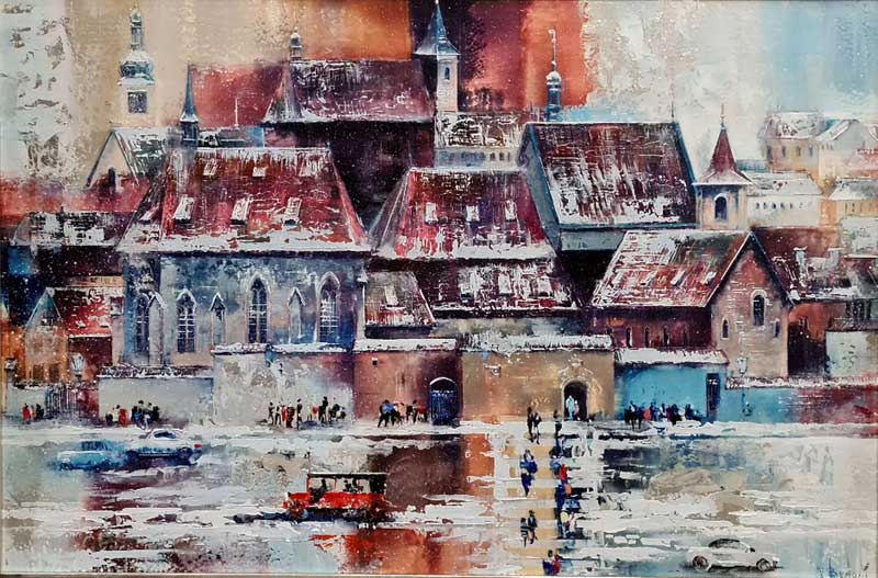 Prague in Winter - Painting by Veronika Benoni