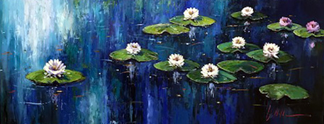 Lilies on the Blue - Painting by Villalba